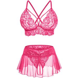 Sexy Lingerie for Women Naughty 3 Piece Lace Bralette, Mini Skirt with G-String Crotchless Lingerie Outfits (Small, Hot Pink)