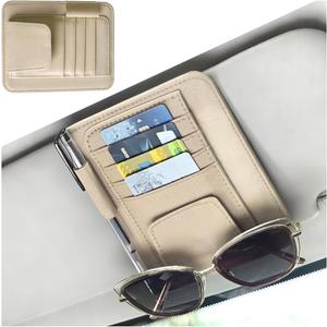 Car Sun Visor Organizer, PU Leather Vehicle Visor Document Storage Pocket for Sunglass Card Pen, Multifunctional Automotive Interior Holder Accessories, Universal Fit (Beige)