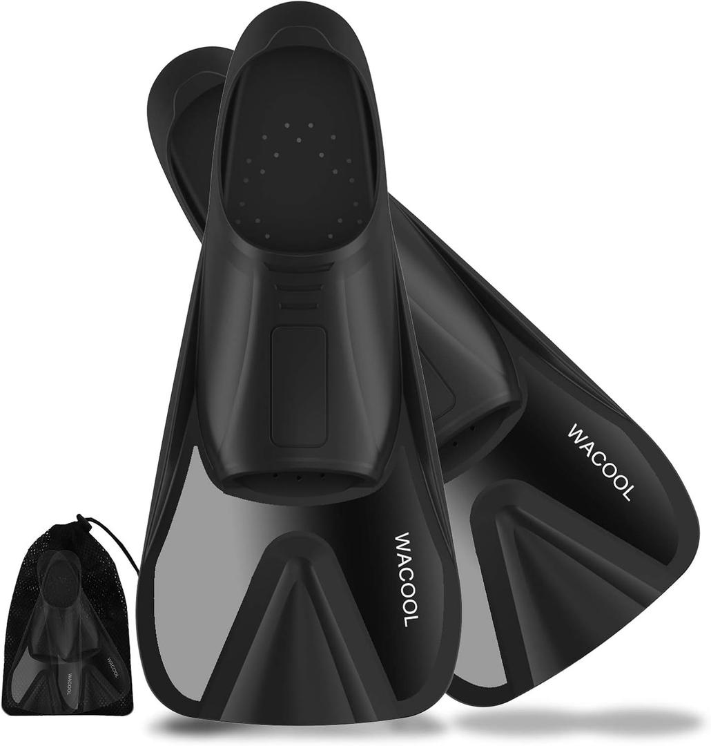 WACOOL Adult Short Light Full Foot Pocket Travel Size Fins Short Blade Fins Flippers for Snorkeling Diving Scuba or Swimming Training (Small, Black)