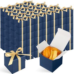 Jutom 100 Pcs Mini Favor Boxes Extra Small Candy Boxes Paper with Gold Ribbon for Baby Shower Birthday Wedding Anniversary Supplies(2 x 2 x 2 Inch,Navy Blue)