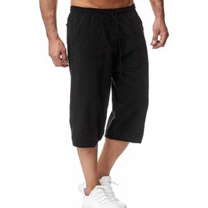 HangNiFang Men's Long Linen Shorts Below Knee Pocketed 3/4 Summer Drawstring Capri Pant, Large