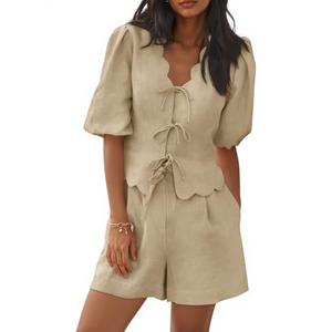 Cicy Bell Womens Summer 2 Piece Short Sets Puff Short Sleeve V Neck Bow Tie Front Tops Wide Leg Shorts Pajamas Matching Sets XXL