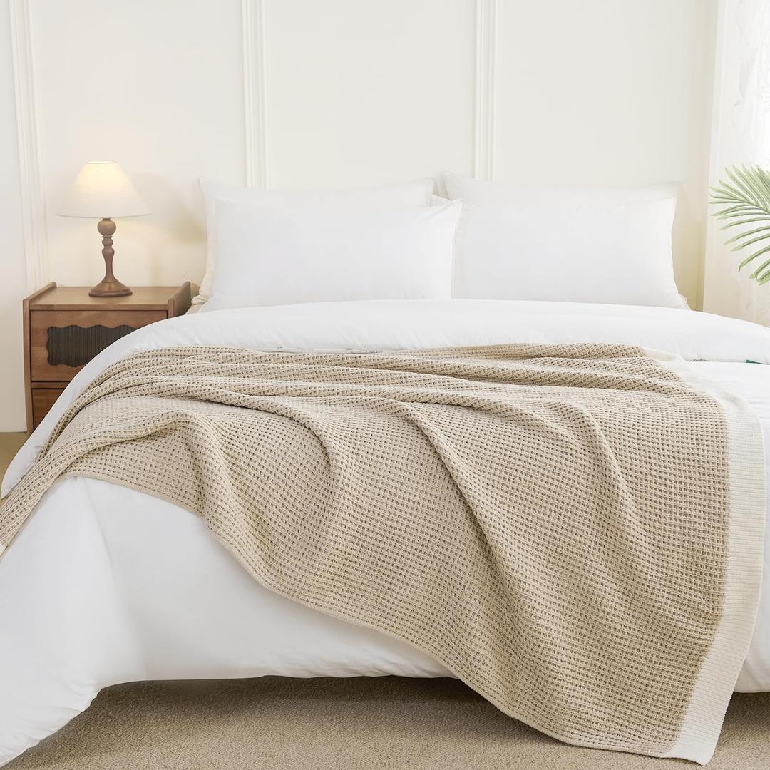 SeaRoomy Knit Throw Blanket,Super Soft Cozy Reversible Waffle Blanket,Warm Fluffy Fuzzy Plush Lightweight Double-Side Blanket for All Seasons for Couch,Sofa,Bed (Solid-Khaki,50"x70")