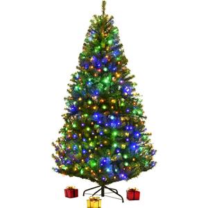6 FT Pre-lit Christmas Tree, Artificial Xmas Tree with 350 Warm White & Multicolored Lights, 11 Modes, 1000 Branch Tips, Metal Support, Holiday Decoration Fake Tree for Home, Office, Party