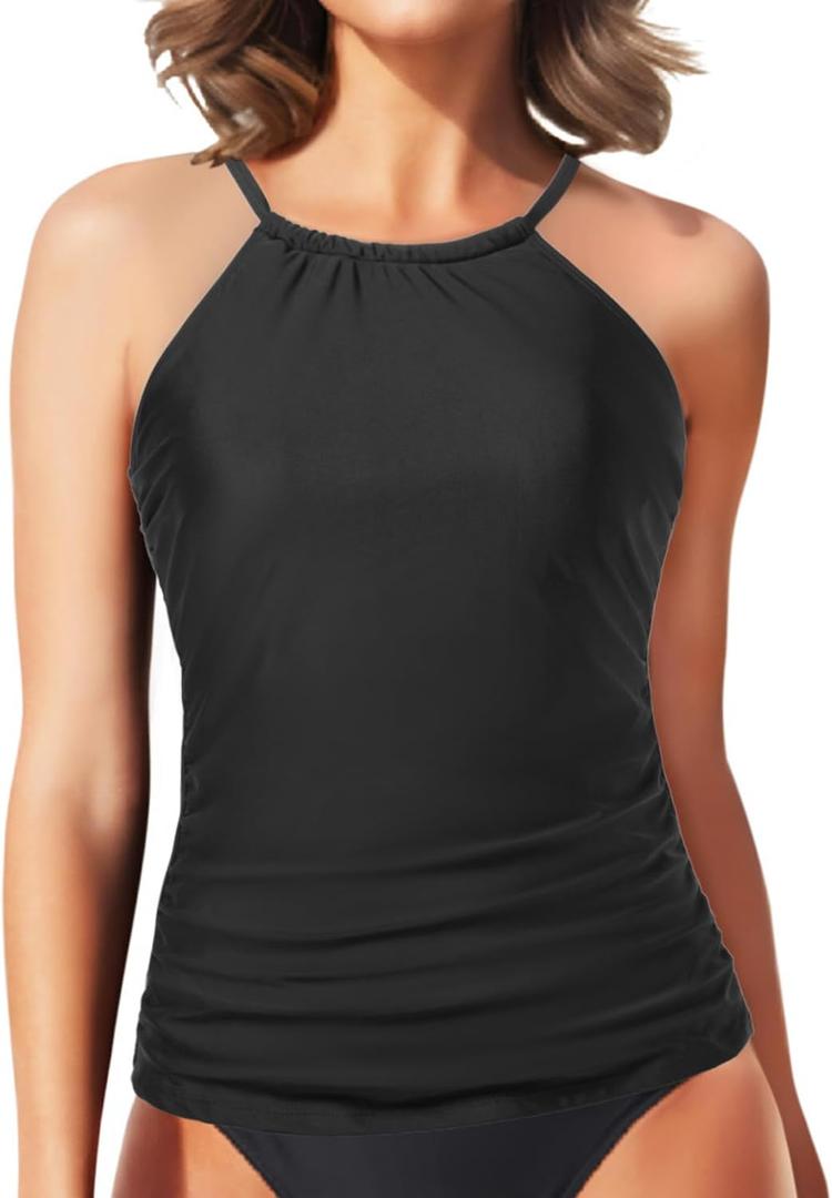 Tempt Me Women Tankini Top Only High Neck Bathing Suit Top Tummy Control Ruched Swimsuit Without Bottom (Small, Black)