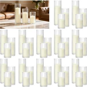 72 PCS Ivory Pillar Candles and Ribbed Glass Cylinder Vases, 36+36
