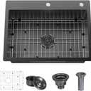 30 x 22 Inch Black Drop in Kitchen Sink, 304 Stainless Steel Single Bowl Sink, Topmount 9 Inch Deep Wet Bar sink for Kitchen Outdoor Prep RV Yard Laundry Utility with Dish Grid & Drain