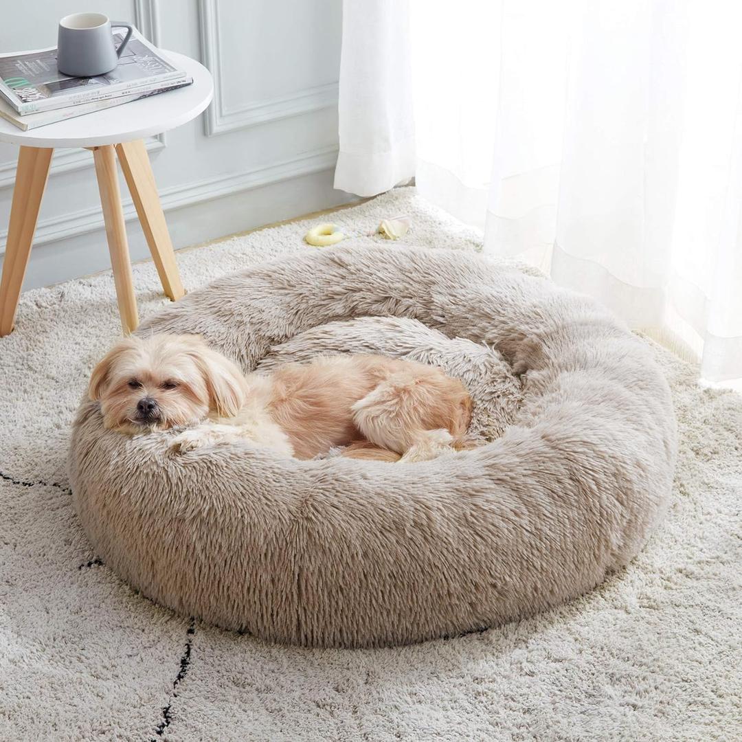 Calming Dog Bed & Cat Bed, Anti-Anxiety Donut Cuddler Warming Cozy Soft Round Bed, Fluffy Faux Fur Plush Cushion bed for Small Medium Dogs and Cats (24.0"L x 24.0"W x 8.0"Th, Brown)