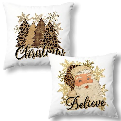 MNASAIOO Christmas Santa Tree Decorative Throw Pillow Covers Set of 2, Trendy Golden Snowflake Pillows Covers for Holiday Winter, Retro Leopard Believe Pillow Cases Decor for Couch Bedroom 18x18in