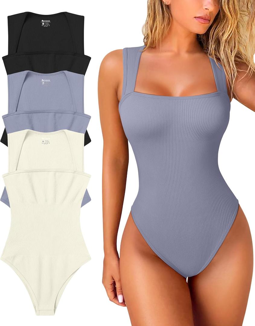 OQQ Women's 3 Piece Bodysuits Sexy Ribbed Strappy Square Neck Sleeveless Tummy Control Tank Tops Bodysuits (Medium, Blues,beige,black)