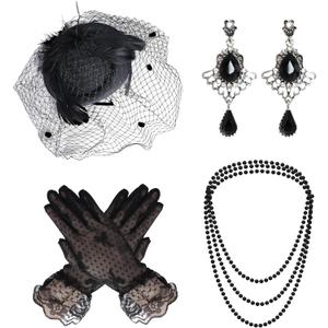 Heliltd 4Pcs Fascinators Hat and Gloves for Women Pillbox Hat with Veil Tea Party Accessories for Women (Black)