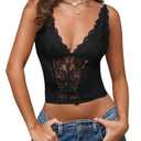 SHENHE Women's Mesh Lace Bustier Corset Top Deep V Neck Spaghetti Strap Fitted Crop Cami Tank, Medium