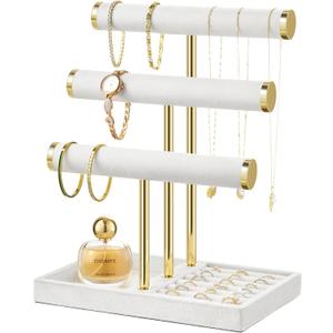 3 Tier Bracelet Holder Display - Detachable T Bar White Velvet Bracelet Holder, Jewelry Holder Organizer for Bracelet, Necklace, Watches, Rings
