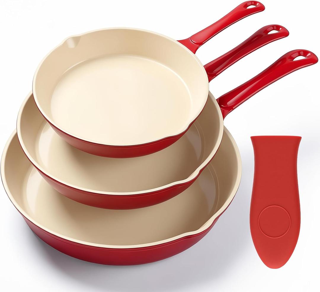 Enameled Cast Iron Skillet 3-Piece Set, Nonstick Heavy-Duty 11", 10", 8.6" Frying Pan, Oven & Induction Safe, Cookware for Gas, Electric, Ceramic Stovetops, Red