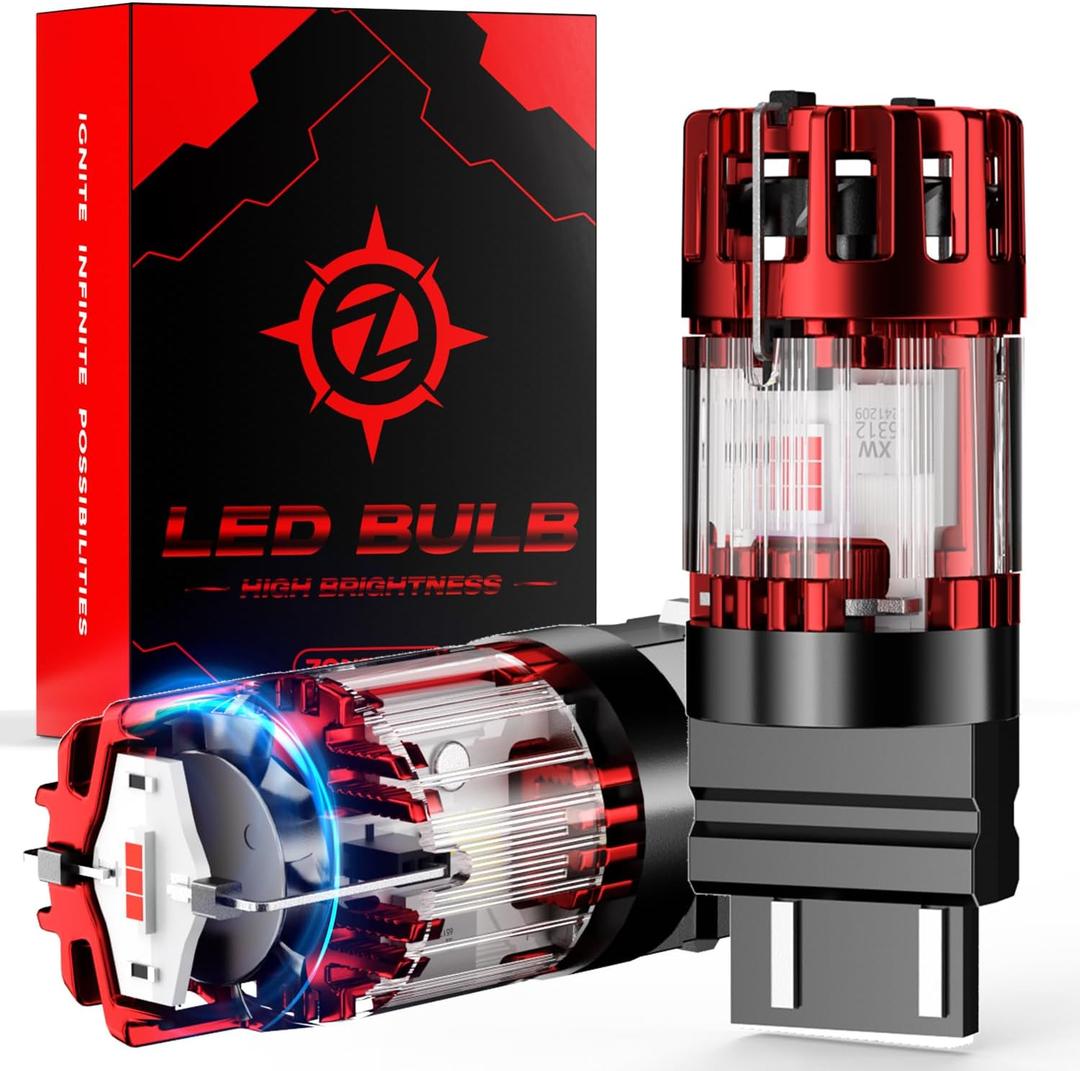 4257 WT21/7W Red LED Brake Tail Light Bulbs, CANBUS Error Free,No Hyper Flash - 1860-SMD Chips Powerful & Super Bright with Cooling Fan - CK & Standard Socket Plug-and-Play