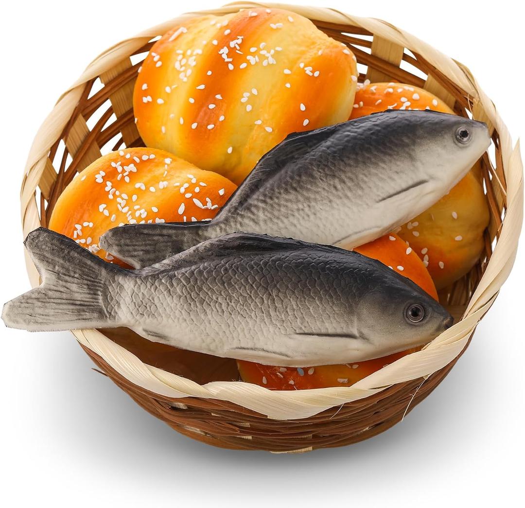 Shappy 8 Pcs Jesus Miracle Loaves and Fish Decorations Include 2 Fake Fish and 5 Fake Artificial Bread with a Basket Sunday and Religious Learning Activities(Crucian Carp)