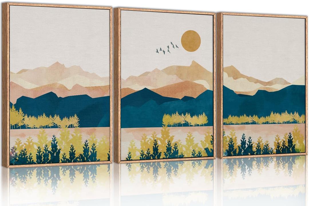 HPINUB Mountain Framed Canvas Wall Art Set, Mid Century Modern Wall Decor, Set of 3 Boho Artwork Nature Art Paintings, Bohemian Art Prints for Living Room, Bedroom, Dining Room, Office - 16"x24"x3 (Abstract Nature Wall Art)