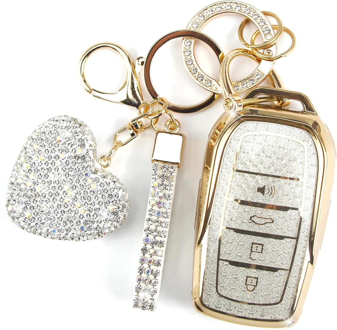Key Fob Cover with Diamond Keychain Fit for Toyota Car Key Holder Compatible with Camry 2025, Venza 2019-2024, RAV4 Prime, Land Cruiser, Fortuner, Grand Highlander, Corolla, 4 Buttons (White)