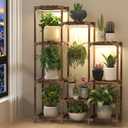 HOMKIRT Plant Stand with Grow Light, Lighted Plant Shelf Indoor for Multiple Plants, Wood Tall Plant Rack with Grow Lights Flower Stand for Corner, Living Room, Patio, Garden