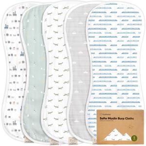 5-Pack Muslin Burp Cloths Baby Boy, Girl - Very Absorbent Baby Burp Cloth Rags, 8-Layers Viscose Derived from Bamboo Cotton Muslin Towel, Super Soft Spit Up Rags, No Shrink Washcloths (Vessels)