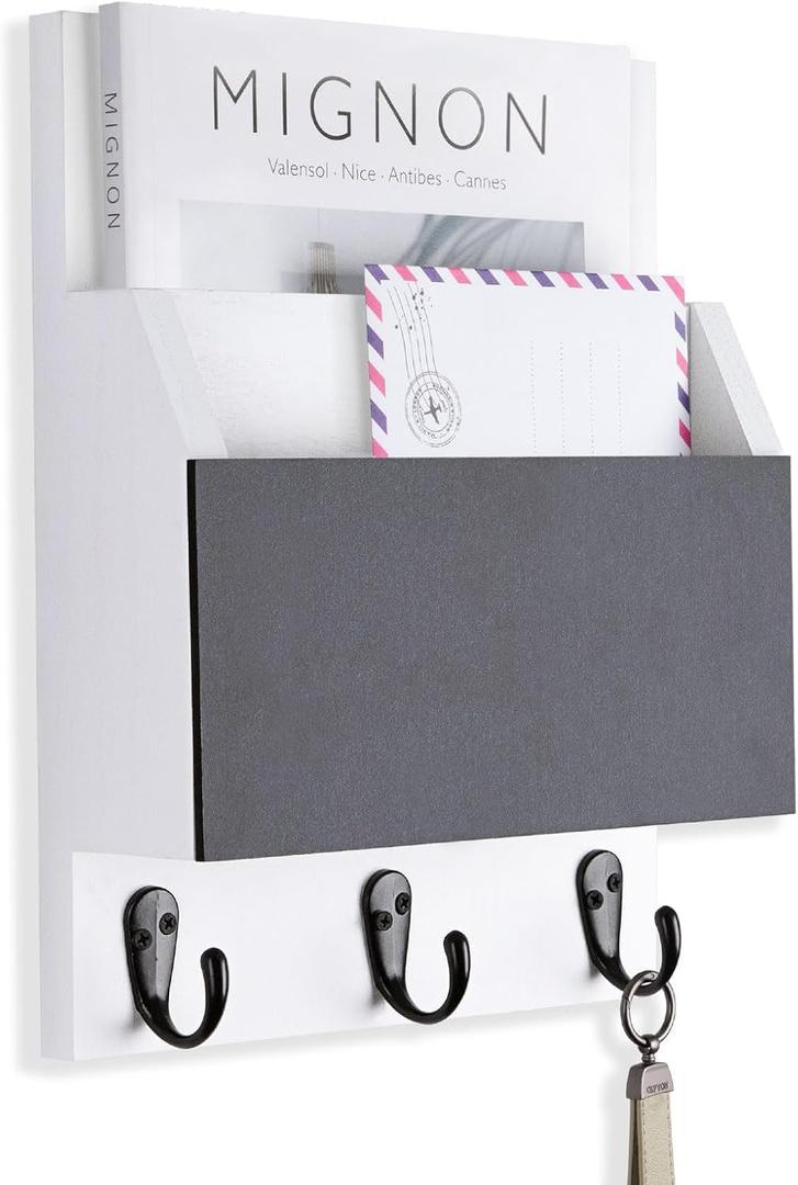 Key and Mail Holder for Wall Mount, Entryway Mail Holder with 2 Slot, Key Holder with 3 Sturdy Hooks for Coat, Dog Leash, Decorative Key Rack (8.86W x 11.42H x 3D) (White)