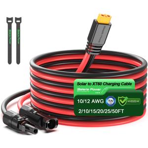 Bateria Power 10 Feet Solar to XT60 Extension Cable, 12AWG Solar Panel Connector to XT60 Charge Adapter for Connecting to Portable Power Station, RV, EcoFlow, Anker, BLUETTI & Generator (Black&Red 12AWG)