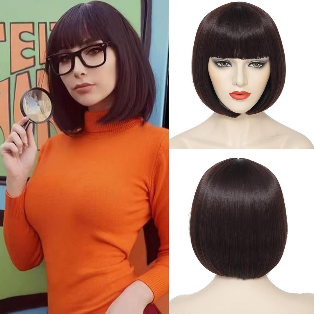 Brown Bob Wig With Bangs Short Dark Brown Bob Wigs For Women Straight Bob Bangs Wig 10 Inch Heat Resistant Synthetic Hair Natural Looking For Daily Party Use
