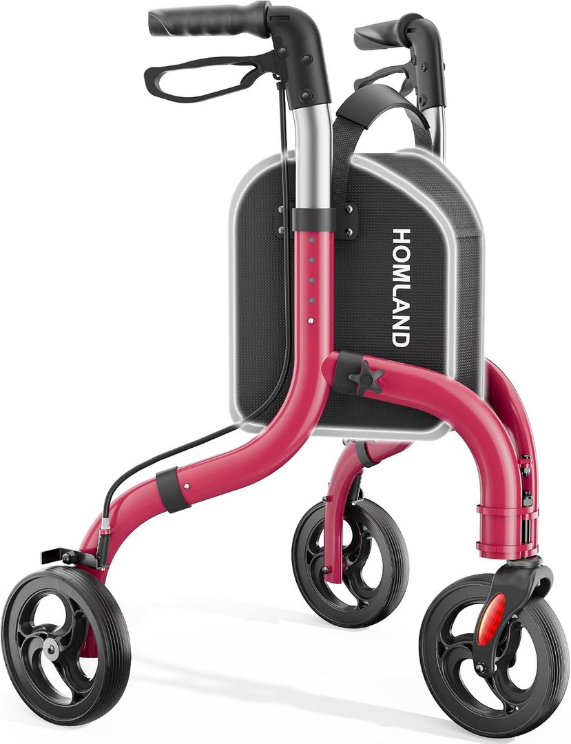 HOMLAND Foldable 3 Wheel Walkers for Seniors, Lightweight Aluminum Frame | Height Adjustable, Three Wheeled Rollator Walker for Indoor and Outdoor Use, Removable Storage Bag