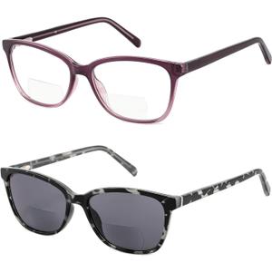 Bifocal Reading Glasses Women Blue Light Computer Readers Clear Top Cat Eye Frame Stylish Fashion Ladies Eyeglass (Grey & Purple)