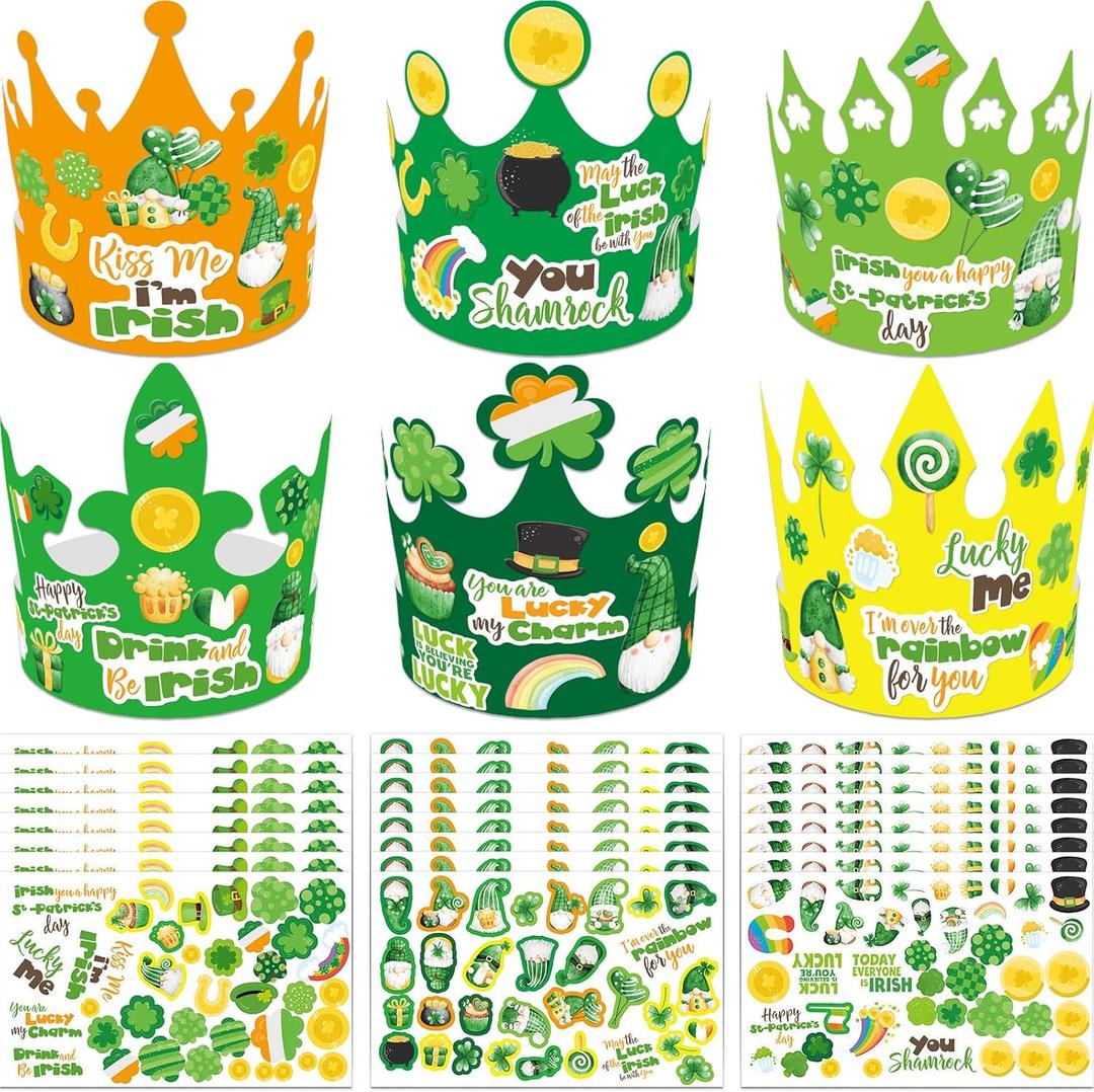 WorldBazaar St. Patrick's Day Crown Crafts Kits for Kids 24 Pack Green Shamrock Clover Paper Hat with Stickers Lucky Irish Classroom Family Party Supplies