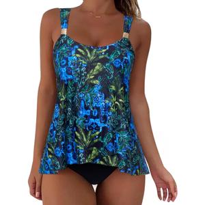 SUUKSESS Women Ruffle High Waisted Tankini Swimsuit Tummy Control Bathing Suit (Blue, XL)