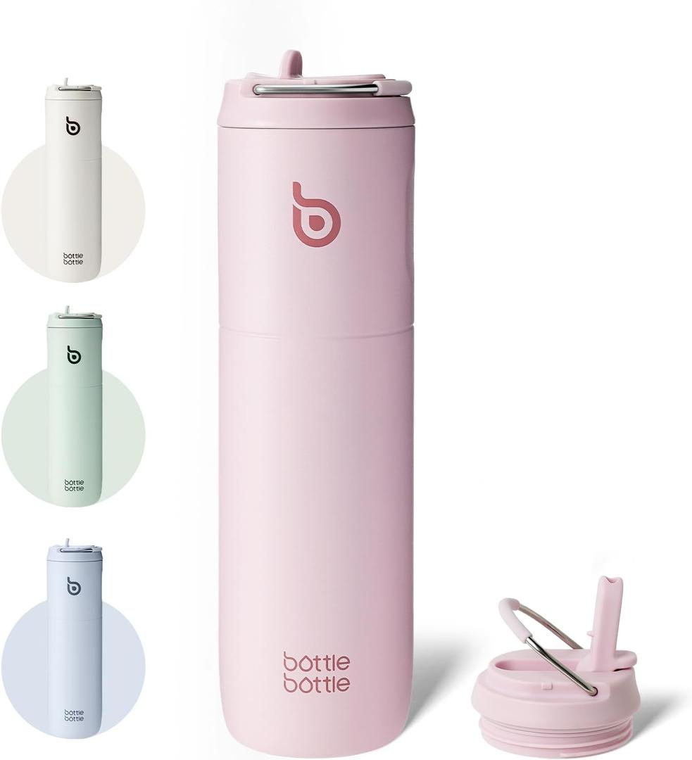 BOTTLE BOTTLE 24oz Stainless Steel Insulated Water Bottle | with Straw Lid, and Handle, for Sports Travel Gym, Double-Wall Vacuum, Metal, Leak Proof, BPA-Free (Light Pink)