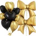Black Gold Heart Balloons, Foil Bow Balloons, 10Pcs 18 Inch Heart Shaped Balloon and 38 Inch Helium Gold and Black Bow Foil Balloon for Birthday Valentines Baby Shower Wedding Anniversary Decor
