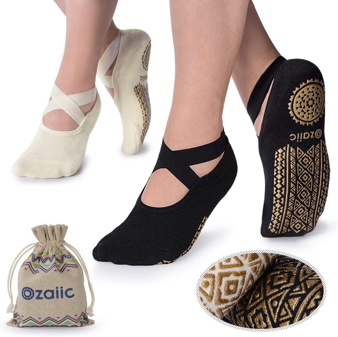 Ozaiic Yoga Socks for Women Non-Slip Grips & Straps, Ideal for Pilates, Pure Barre, Ballet, Dance, Barefoot Workout (One Size, Black/ Beige -2p1st Anniversary Edition)