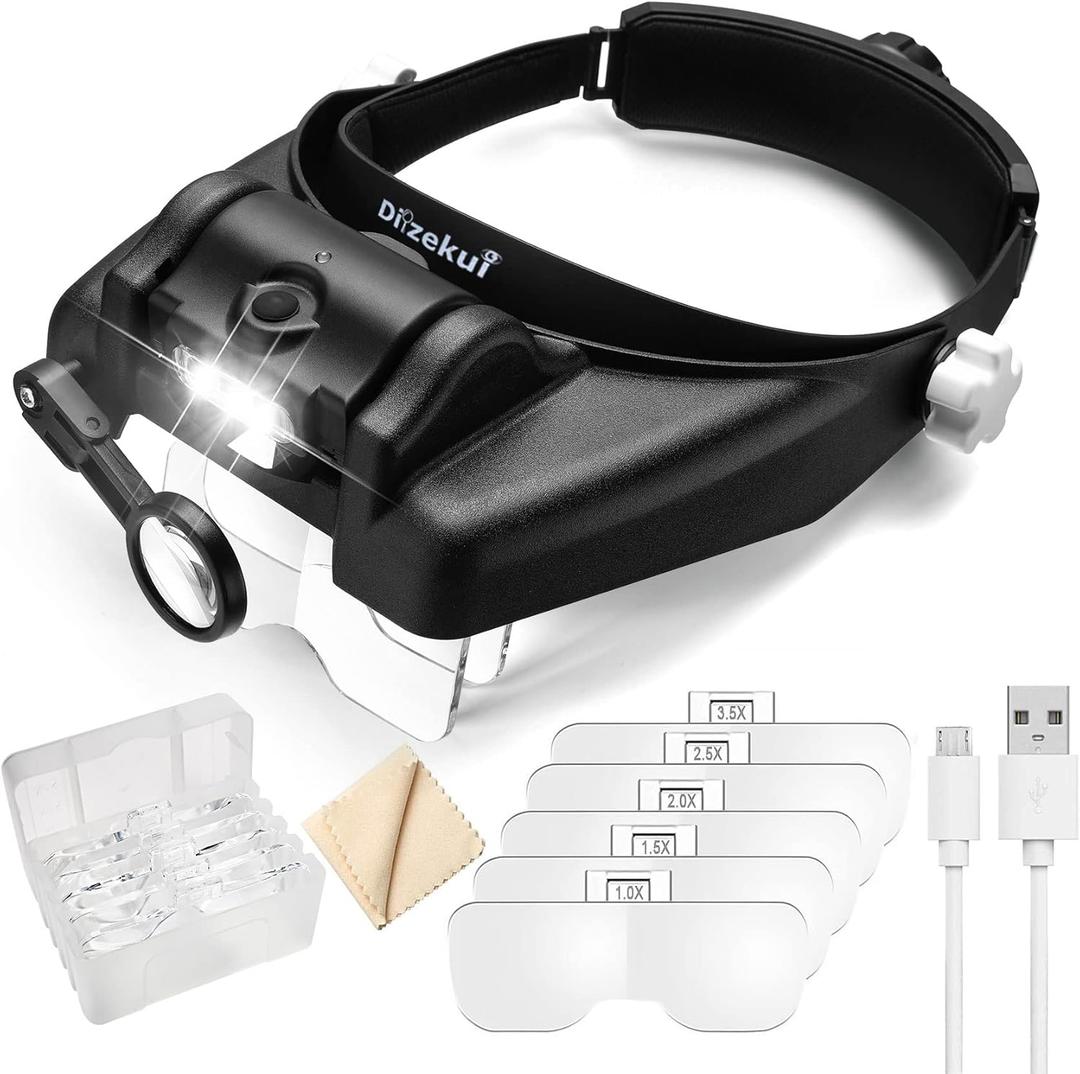 Headband Magnifying Glass with Light, Rechargeable Head Magnifying Glasses 1X to 14X, Magnifier Headset with 6 Detachable Lens, Hands Free Head Mount Magnifier for Close Work Jewelry Crafts (Black)