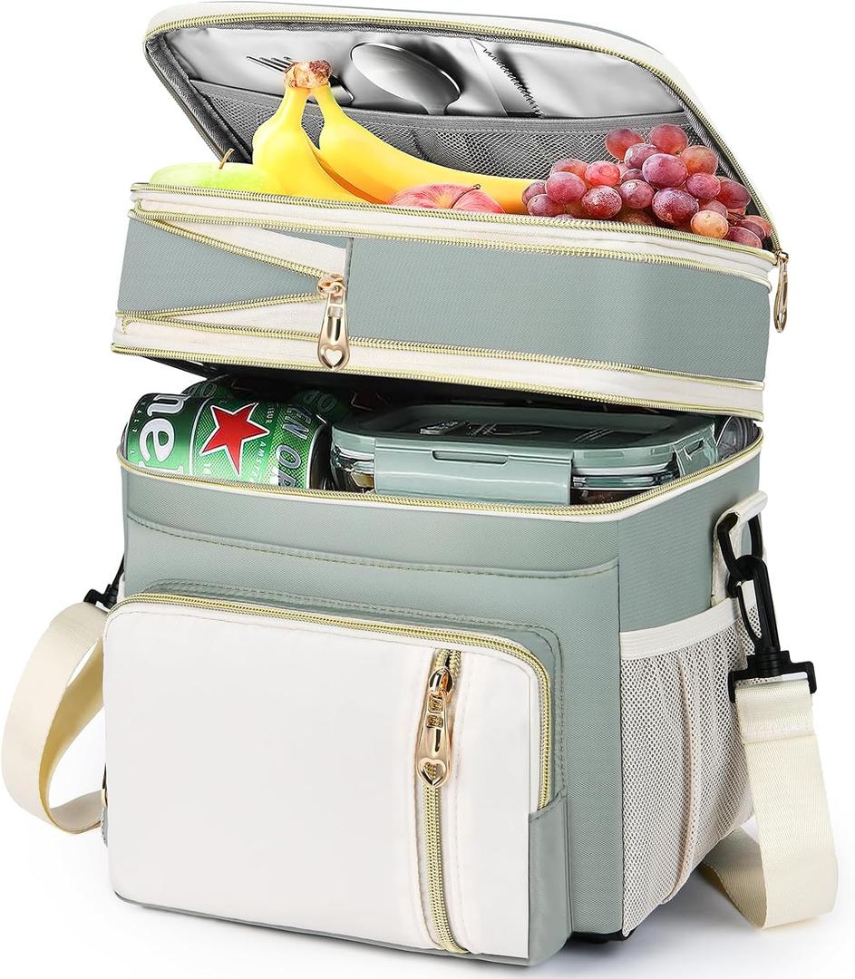 Lunch Box & Lunch Bag for Women Men, Expandable Large Insulated Adult Lunch Bag with Strap, Double Deck Leakproof Lunchbox Durable Cooler Bags for Work Picnic Beach,16L, Olive Green & White