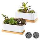 ARVINKEY White Ceramic Succulent Planters, Indoor and Outdoor Succulent Planters, Set of 2 Small Cactus Containers, Bonsai Pots, Flower Pots with Drainage Hole and Bamboo Bowl (No Plant)