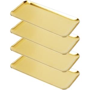 4PCS Stainless Steel Serving Trays Gold Trays for Decor 8.66 X3.82 Inches Rectangle Serving Vanity Tray Small Jewelry Makeup Decorative Storage Platter for Party Buffet Sushi Snack Tea Fruit