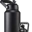 Half Gallon Insulated Water Bottle Jug with Straw, 64 oz Large Stainless Steel Sports Metal Water Flask with Handle, Thermal Water Cup Mug with 2 Lids, Black