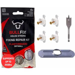 Bullfix Drywall Hole Repair Kit - Wall Fixer Hole Kit with Universal Anchors & Screws for Cavity Walls, Stud & Dot Dab, Supports Up to 255 lbs, Dry Wall Repair Kits with Drill Bit & Guide - 4 Pack