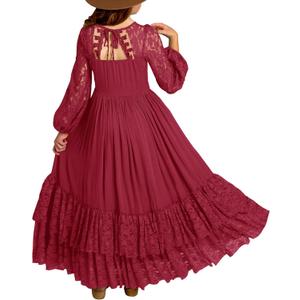 MITILLY Girls Boho Long Sleeve Backless Lace Flower Square Neck Tiered Ruffle Swing Party Maxi Dress (8-9 Years, 07 Wine Red)