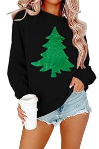 LOTUCY Christmas Sweatshirt Women Christmas Tree Sweater Xmas Graphic Tee Casual Long Sleeve Pullover Tops Black (X-Large)