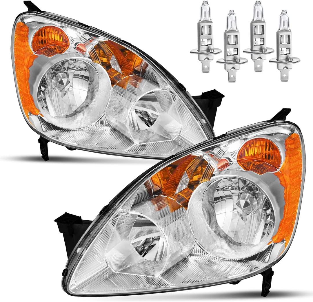 Headlights Assembly for 2005 2006 Honda CR-V 4-Door Sport Halogen Headlamp Replacement, High/Low Beam W/Bulbs, Driver & Passenger Side