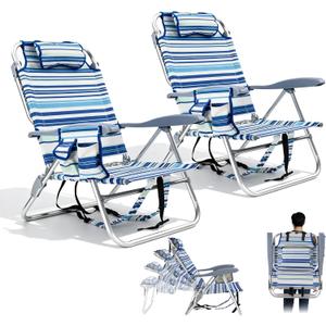Portable Beach Chair for Adults Lightweight Outdoor Camping Chair Lay Flat Folding Backpack Beach Reclining Chair with 8 Positions Headrest Cup Holder Towel Bar Pouch, Blue Ocean Striped(2 Pack)