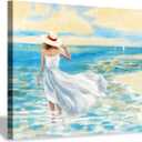 Abstract Beach Picture Wall Art: Girl & Ocean Artwork Seascape Painting on Canvas for Bathroom (36 x 24 x 1 Panel)