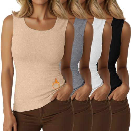 Velvelhall 4 Pcs Thermal Tank Tops for Women Fleece Lack Hem Sleeveless Underwear Scoop Neck Warm Camisole Base Layer Vest(Black, White, Light Gray, Nude Color,X-Large)