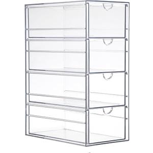 Clear Desk Organizer Box with 4 Drawers, Plastic Stackable Desktop Storage Bins for Organization, Hair Accessory Container for Bathroom, Closet, Desk, Office, 25 * 17.5 * 10.5cm