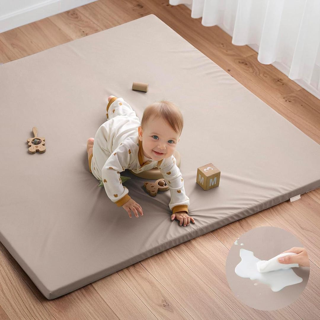 Blissful Diary Vegan Leather Baby Play Mat, 50x50 Thicken Foam Cushioned & Waterproof Playpen Mat for Infants and Toddlers, Stylish and Just Wipe-Clean Playmat for Baby Play on Floor, Taupe