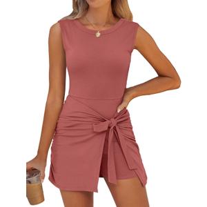Caracilia Women Summer Sleeveless Bodycon Tie Cinched Waist Romper Skort Mini Dress Built in Shorts Night Out Vacation Dress (X-Large, Rust Red)