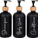 Glass Shampoo and Conditioner Pump Bottles Soap Dispenser Bamboo Pump Head Empty Glass Refillable Shampoo Conditioner Body Wash Soap Bottles for Bathroom, 17 oz, 3 Pack, Black